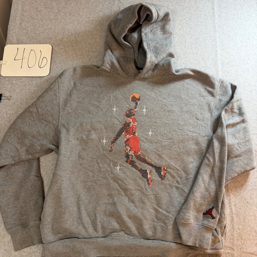 Jordan Mens Pixelated Dunk Graphic Hoodie Heather Grey Large Jumpman Logo